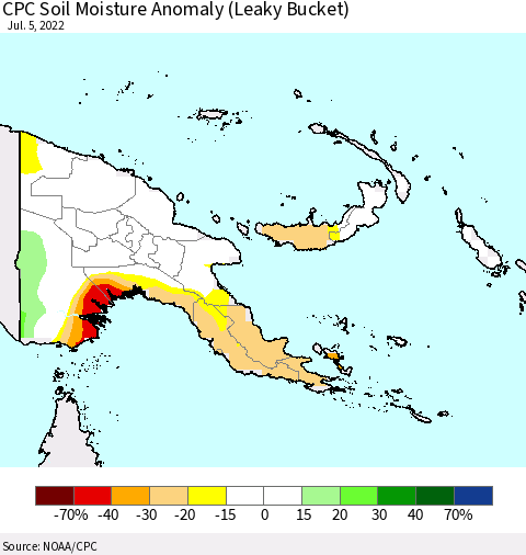 Papua New Guinea CPC Soil Moisture Anomaly (Leaky Bucket) Thematic Map For 7/1/2022 - 7/5/2022
