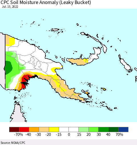 Papua New Guinea CPC Soil Moisture Anomaly (Leaky Bucket) Thematic Map For 7/11/2022 - 7/15/2022