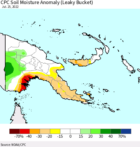 Papua New Guinea CPC Soil Moisture Anomaly (Leaky Bucket) Thematic Map For 7/21/2022 - 7/25/2022