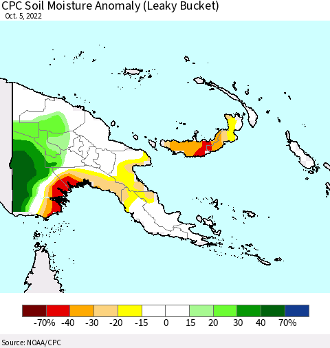 Papua New Guinea CPC Soil Moisture Anomaly (Leaky Bucket) Thematic Map For 10/1/2022 - 10/5/2022