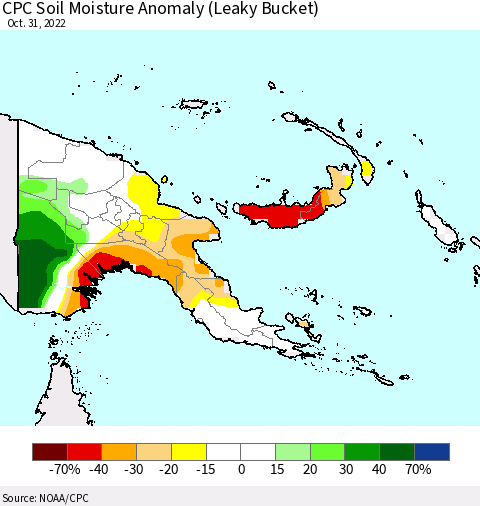 Papua New Guinea CPC Soil Moisture Anomaly (Leaky Bucket) Thematic Map For 10/26/2022 - 10/31/2022