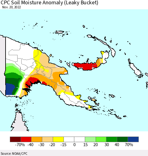 Papua New Guinea CPC Soil Moisture Anomaly (Leaky Bucket) Thematic Map For 11/16/2022 - 11/20/2022