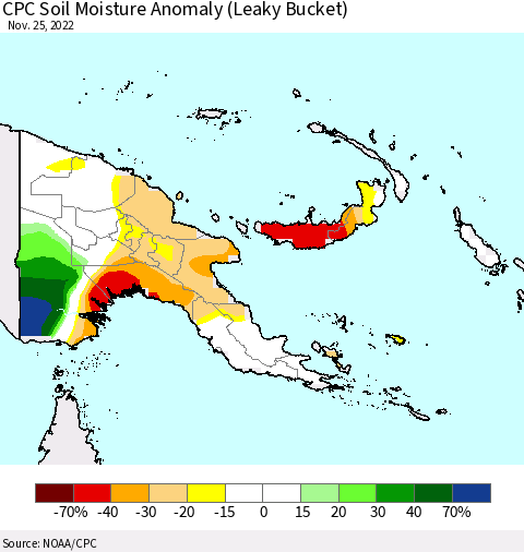 Papua New Guinea CPC Soil Moisture Anomaly (Leaky Bucket) Thematic Map For 11/21/2022 - 11/25/2022