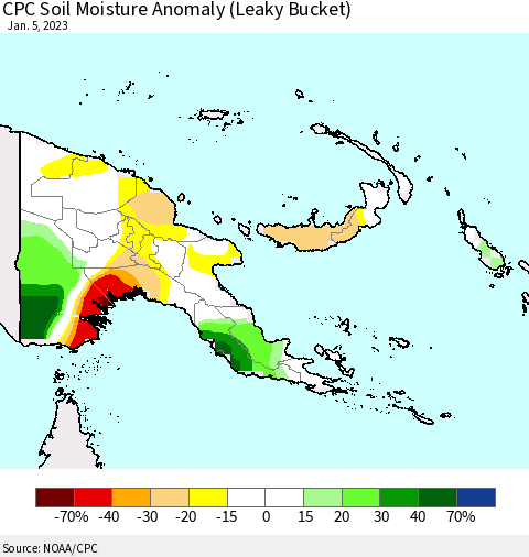 Papua New Guinea CPC Soil Moisture Anomaly (Leaky Bucket) Thematic Map For 1/1/2023 - 1/5/2023