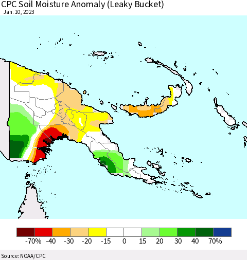 Papua New Guinea CPC Soil Moisture Anomaly (Leaky Bucket) Thematic Map For 1/6/2023 - 1/10/2023