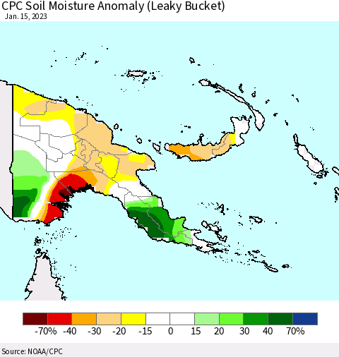 Papua New Guinea CPC Soil Moisture Anomaly (Leaky Bucket) Thematic Map For 1/11/2023 - 1/15/2023
