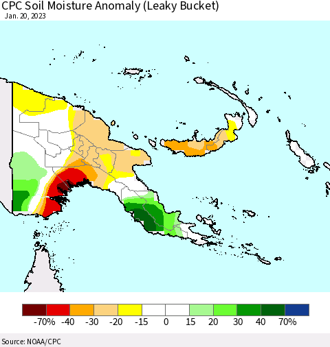 Papua New Guinea CPC Soil Moisture Anomaly (Leaky Bucket) Thematic Map For 1/16/2023 - 1/20/2023
