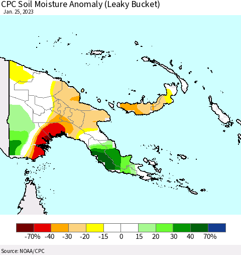 Papua New Guinea CPC Soil Moisture Anomaly (Leaky Bucket) Thematic Map For 1/21/2023 - 1/25/2023
