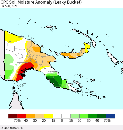 Papua New Guinea CPC Soil Moisture Anomaly (Leaky Bucket) Thematic Map For 1/26/2023 - 1/31/2023