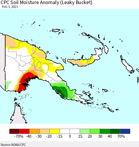 Papua New Guinea CPC Soil Moisture Anomaly (Leaky Bucket) Thematic Map For 2/1/2023 - 2/5/2023