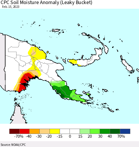 Papua New Guinea CPC Soil Moisture Anomaly (Leaky Bucket) Thematic Map For 2/11/2023 - 2/15/2023