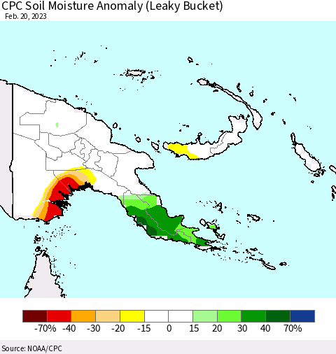 Papua New Guinea CPC Soil Moisture Anomaly (Leaky Bucket) Thematic Map For 2/16/2023 - 2/20/2023