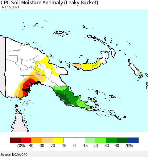 Papua New Guinea CPC Soil Moisture Anomaly (Leaky Bucket) Thematic Map For 3/1/2023 - 3/5/2023