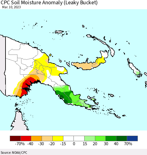 Papua New Guinea CPC Soil Moisture Anomaly (Leaky Bucket) Thematic Map For 3/6/2023 - 3/10/2023