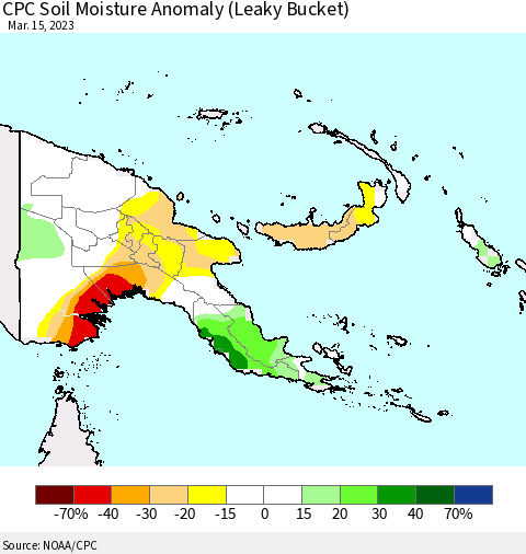 Papua New Guinea CPC Soil Moisture Anomaly (Leaky Bucket) Thematic Map For 3/11/2023 - 3/15/2023