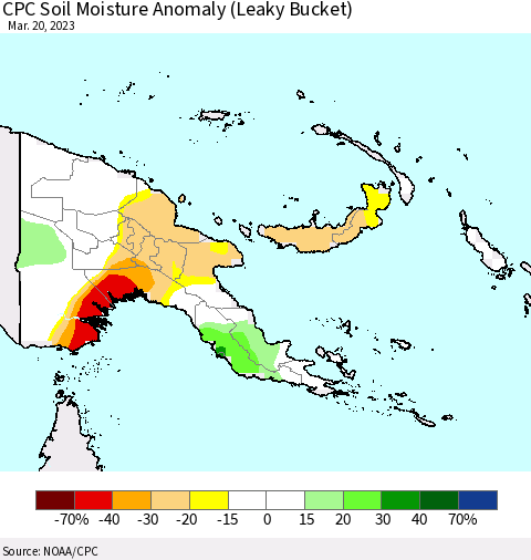 Papua New Guinea CPC Soil Moisture Anomaly (Leaky Bucket) Thematic Map For 3/16/2023 - 3/20/2023