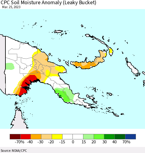 Papua New Guinea CPC Soil Moisture Anomaly (Leaky Bucket) Thematic Map For 3/21/2023 - 3/25/2023