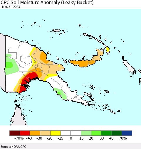 Papua New Guinea CPC Soil Moisture Anomaly (Leaky Bucket) Thematic Map For 3/26/2023 - 3/31/2023