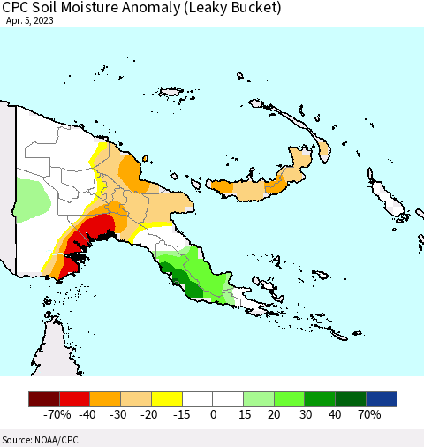 Papua New Guinea CPC Soil Moisture Anomaly (Leaky Bucket) Thematic Map For 4/1/2023 - 4/5/2023