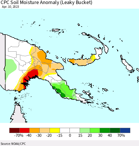 Papua New Guinea CPC Soil Moisture Anomaly (Leaky Bucket) Thematic Map For 4/6/2023 - 4/10/2023