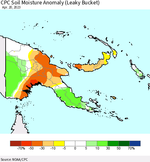 Papua New Guinea CPC Soil Moisture Anomaly (Leaky Bucket) Thematic Map For 4/16/2023 - 4/20/2023