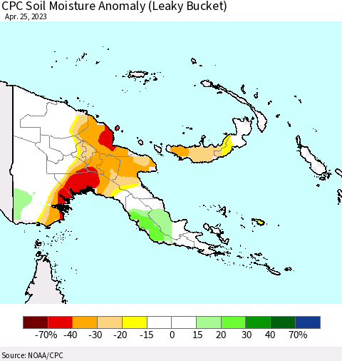 Papua New Guinea CPC Soil Moisture Anomaly (Leaky Bucket) Thematic Map For 4/21/2023 - 4/25/2023