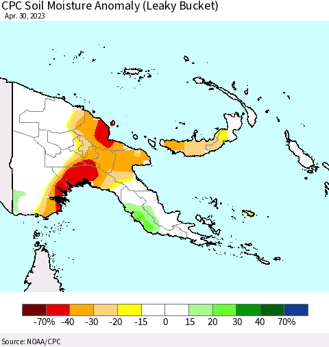 Papua New Guinea CPC Soil Moisture Anomaly (Leaky Bucket) Thematic Map For 4/26/2023 - 4/30/2023