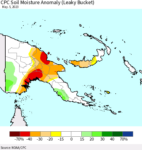 Papua New Guinea CPC Soil Moisture Anomaly (Leaky Bucket) Thematic Map For 5/1/2023 - 5/5/2023