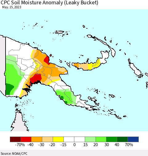 Papua New Guinea CPC Soil Moisture Anomaly (Leaky Bucket) Thematic Map For 5/11/2023 - 5/15/2023