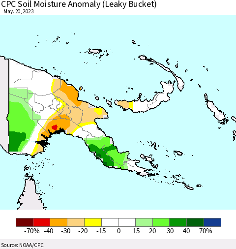 Papua New Guinea CPC Soil Moisture Anomaly (Leaky Bucket) Thematic Map For 5/16/2023 - 5/20/2023