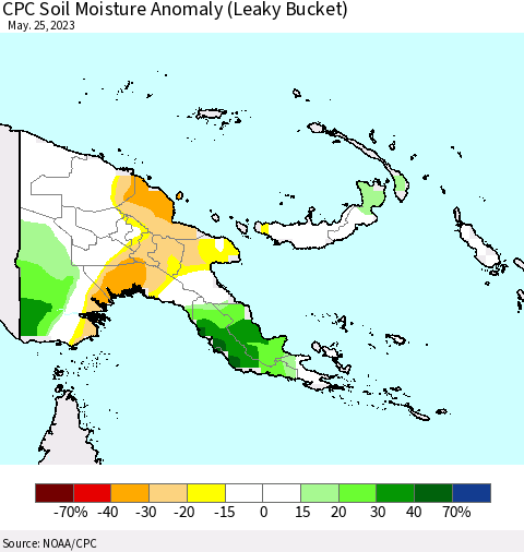 Papua New Guinea CPC Soil Moisture Anomaly (Leaky Bucket) Thematic Map For 5/21/2023 - 5/25/2023