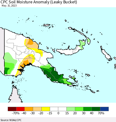 Papua New Guinea CPC Soil Moisture Anomaly (Leaky Bucket) Thematic Map For 5/26/2023 - 5/31/2023