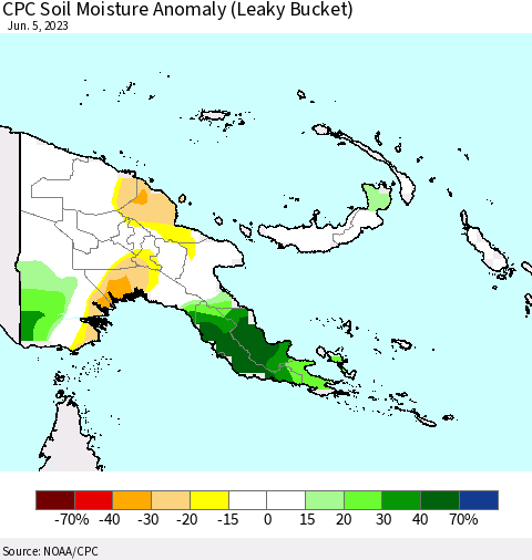 Papua New Guinea CPC Soil Moisture Anomaly (Leaky Bucket) Thematic Map For 6/1/2023 - 6/5/2023