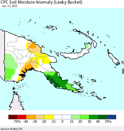 Papua New Guinea CPC Soil Moisture Anomaly (Leaky Bucket) Thematic Map For 6/11/2023 - 6/15/2023
