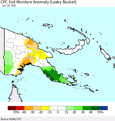 Papua New Guinea CPC Soil Moisture Anomaly (Leaky Bucket) Thematic Map For 6/16/2023 - 6/20/2023