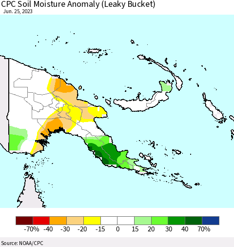 Papua New Guinea CPC Soil Moisture Anomaly (Leaky Bucket) Thematic Map For 6/21/2023 - 6/25/2023