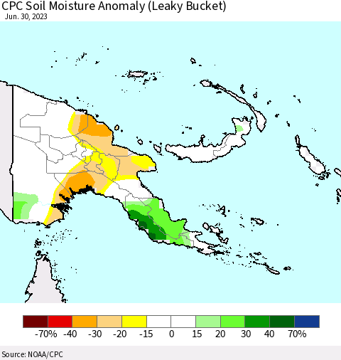 Papua New Guinea CPC Soil Moisture Anomaly (Leaky Bucket) Thematic Map For 6/26/2023 - 6/30/2023