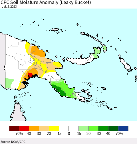 Papua New Guinea CPC Soil Moisture Anomaly (Leaky Bucket) Thematic Map For 7/1/2023 - 7/5/2023