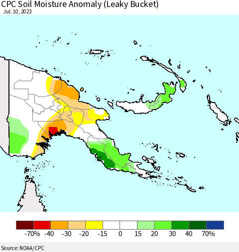 Papua New Guinea CPC Soil Moisture Anomaly (Leaky Bucket) Thematic Map For 7/6/2023 - 7/10/2023