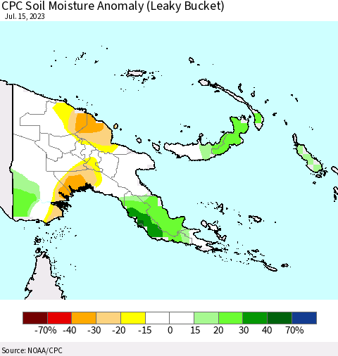 Papua New Guinea CPC Soil Moisture Anomaly (Leaky Bucket) Thematic Map For 7/11/2023 - 7/15/2023