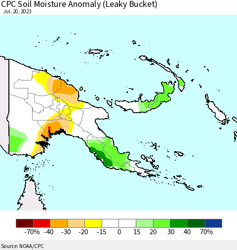 Papua New Guinea CPC Soil Moisture Anomaly (Leaky Bucket) Thematic Map For 7/16/2023 - 7/20/2023