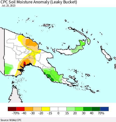 Papua New Guinea CPC Soil Moisture Anomaly (Leaky Bucket) Thematic Map For 7/21/2023 - 7/25/2023