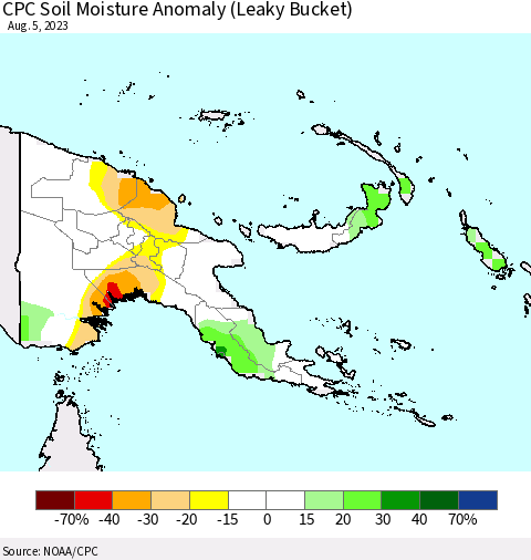 Papua New Guinea CPC Soil Moisture Anomaly (Leaky Bucket) Thematic Map For 8/1/2023 - 8/5/2023