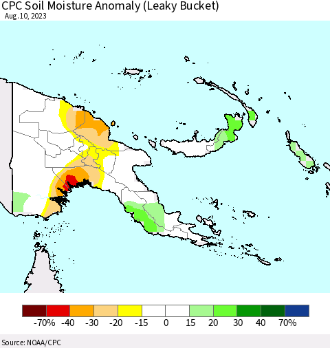 Papua New Guinea CPC Soil Moisture Anomaly (Leaky Bucket) Thematic Map For 8/6/2023 - 8/10/2023