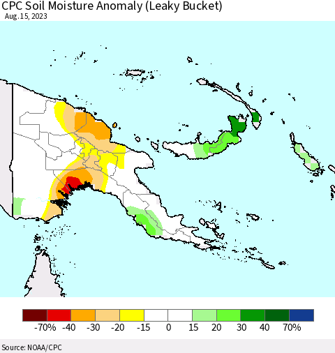 Papua New Guinea CPC Soil Moisture Anomaly (Leaky Bucket) Thematic Map For 8/11/2023 - 8/15/2023