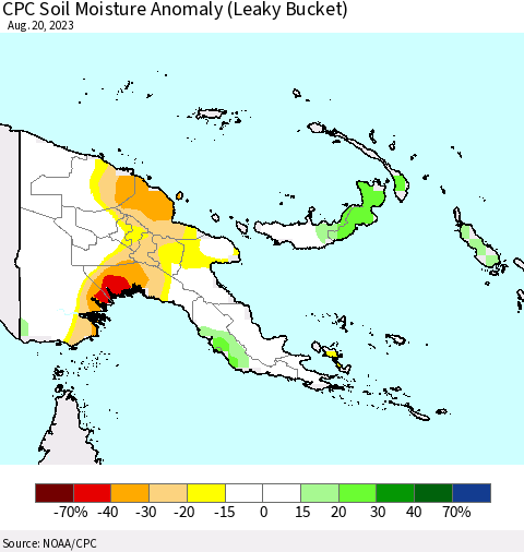 Papua New Guinea CPC Soil Moisture Anomaly (Leaky Bucket) Thematic Map For 8/16/2023 - 8/20/2023