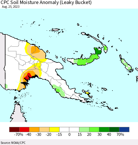 Papua New Guinea CPC Soil Moisture Anomaly (Leaky Bucket) Thematic Map For 8/21/2023 - 8/25/2023
