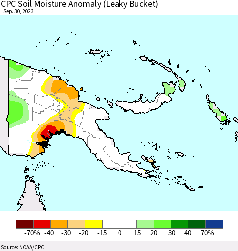 Papua New Guinea CPC Soil Moisture Anomaly (Leaky Bucket) Thematic Map For 9/26/2023 - 9/30/2023