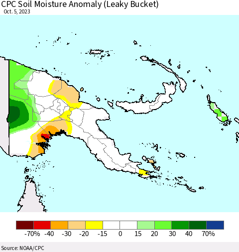 Papua New Guinea CPC Soil Moisture Anomaly (Leaky Bucket) Thematic Map For 10/1/2023 - 10/5/2023