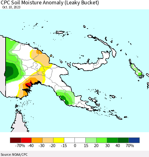 Papua New Guinea CPC Soil Moisture Anomaly (Leaky Bucket) Thematic Map For 10/6/2023 - 10/10/2023